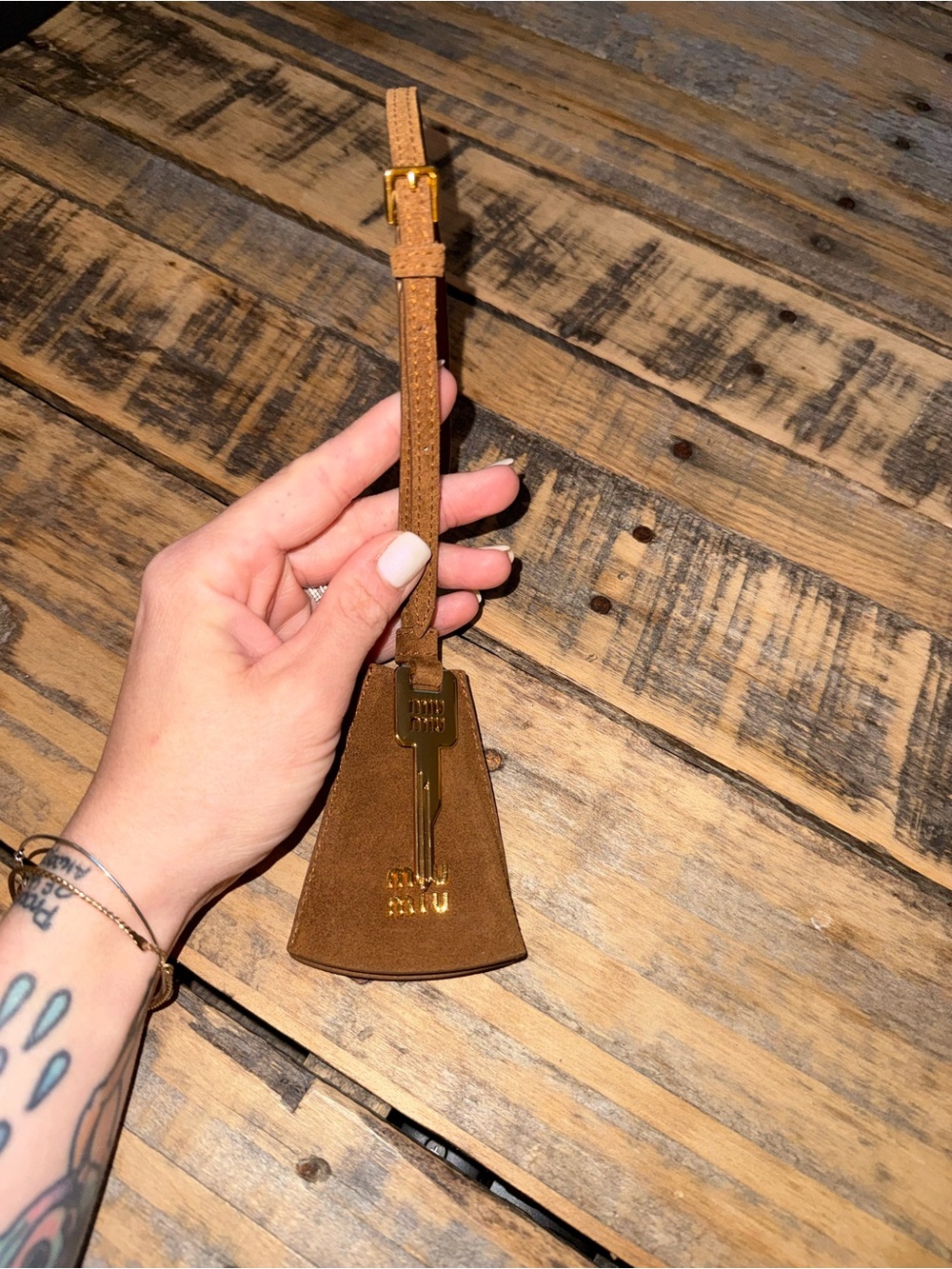 Brown Suede Key Charm with Gold-Tone Key